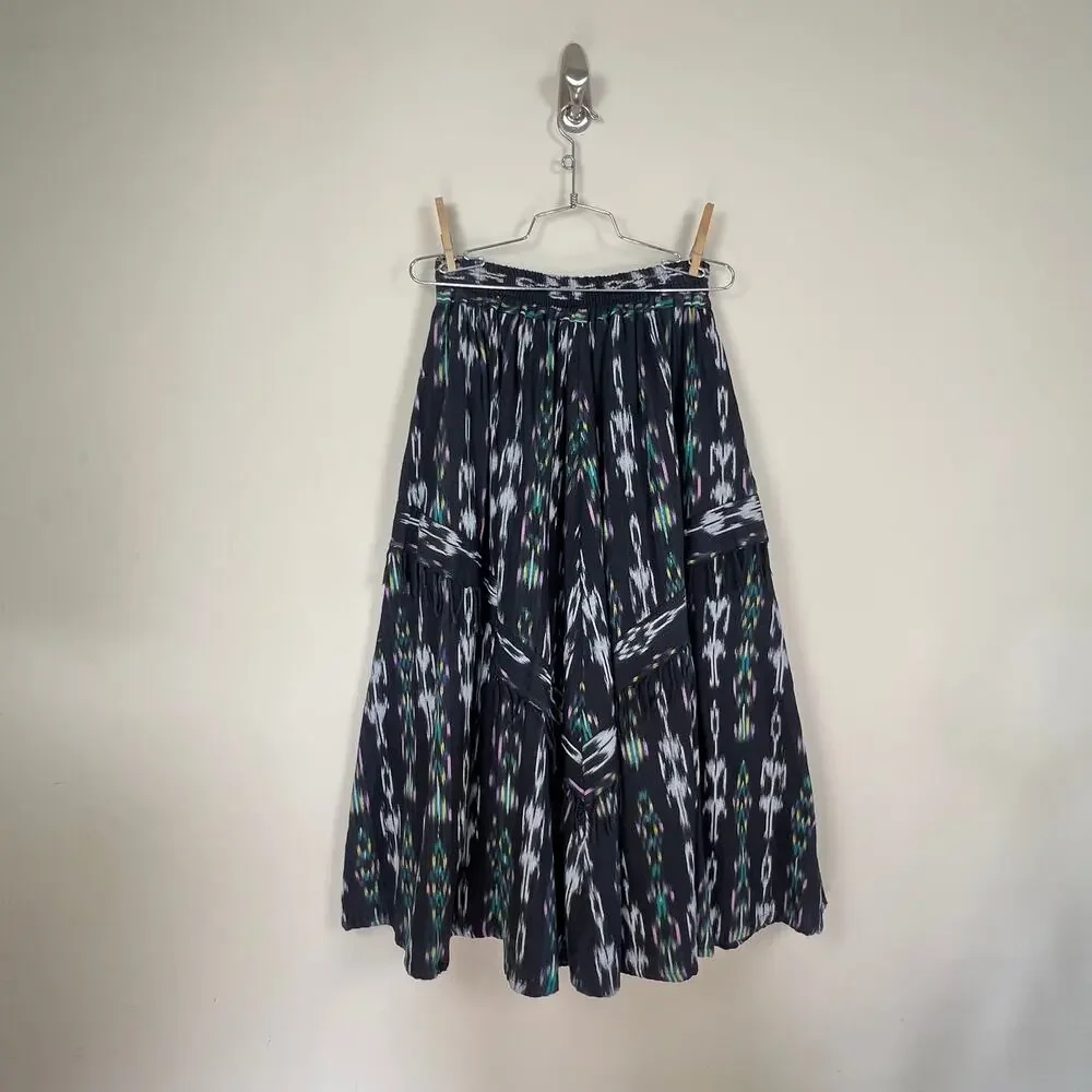 Vintage Ikat El Huarache skirt Sz M fringe Tiered Boho Gypsy Full ethnic 70s